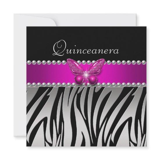 Quinceanera Pink Zebra Silver Black Butterfly