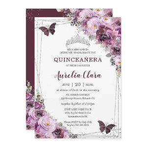 Quinceañera Plum Mauve Floral Butterflies Silver