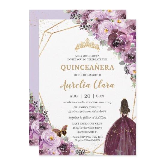 Quinceañera Plum Mauve Purple Floral Gold Princess