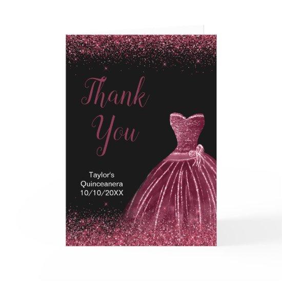 Quinceanera Plum Purple Dress Faux Glitter Thank You Card