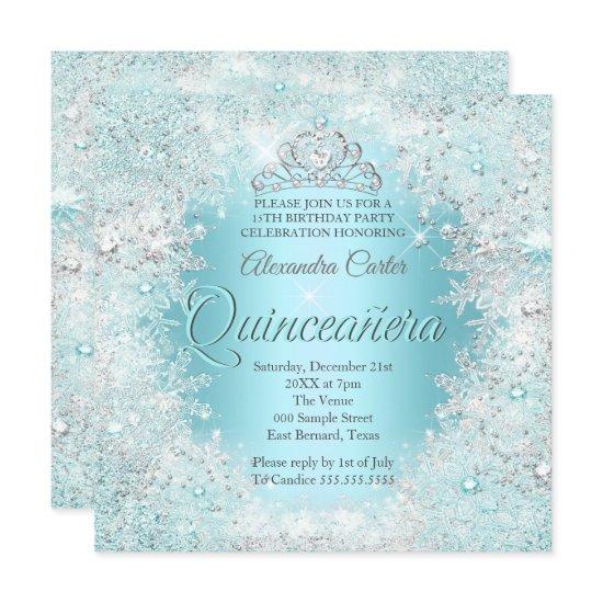 Quinceanera Pretty Silver Teal blue Snowflakes