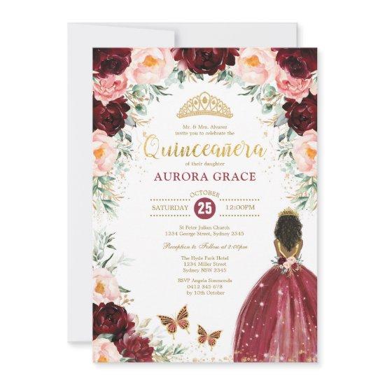 Quinceañera Princess Burgundy Floral Birthday