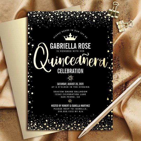 Quinceañera Princess Crown Script Black Real Gold Foil