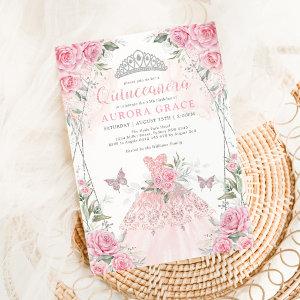 Quinceañera Princess Dress Pink Silver Floral