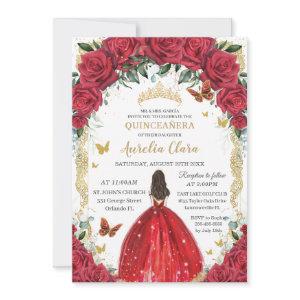 Quinceañera Princess Dress Red Roses Floral Gold