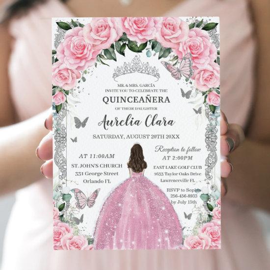 Quinceañera Princess Pink Floral Vintage Silver