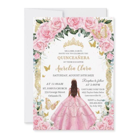 Quinceañera Princess Pink Rose Floral Vintage Gold