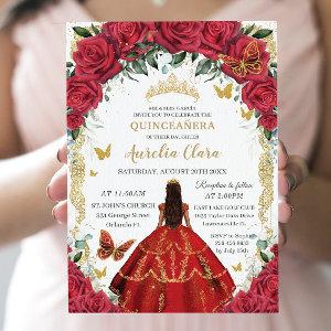Quinceañera Princess Red Roses Floral Vintage Gold