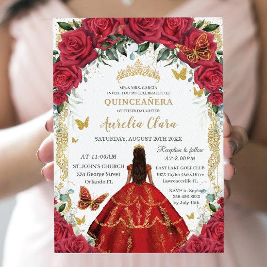 Quinceañera Princess Red Roses Floral Vintage Gold