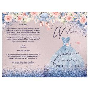 Quinceanera Program Blush Floral Navy Glitter Gown