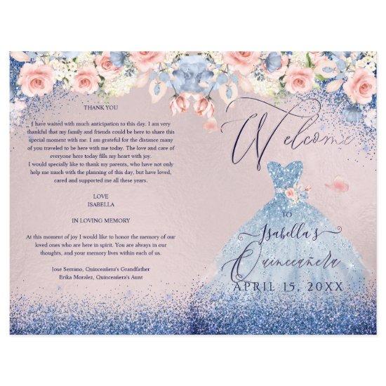 Quinceanera Program Blush Floral Navy Glitter Gown