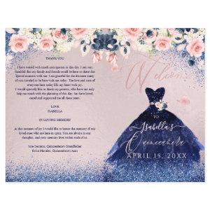 Quinceanera Program Blush Floral Navy Glitter Gown