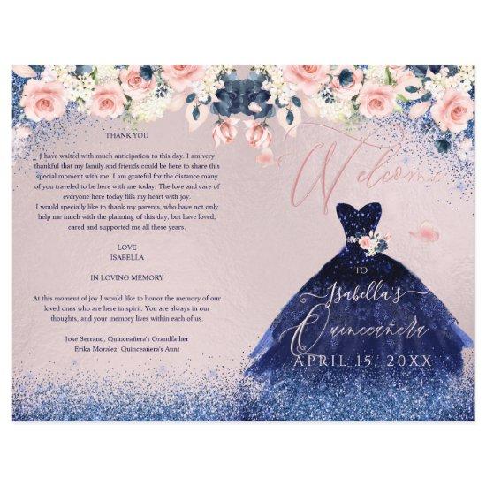 Quinceanera Program Blush Floral Navy Glitter Gown