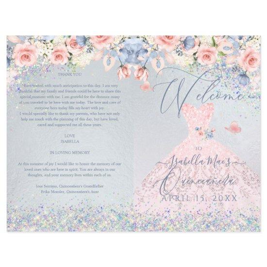 Quinceanera Program Blush Pink Floral Glitter Gown