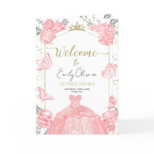Quinceanera Programs Pink Dress Floral Gold Foil