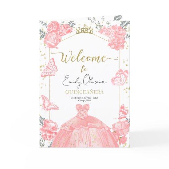 Quinceanera Programs Pink Dress Floral Gold Foil