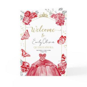 Quinceanera Programs Red Dress Floral Gold Foil