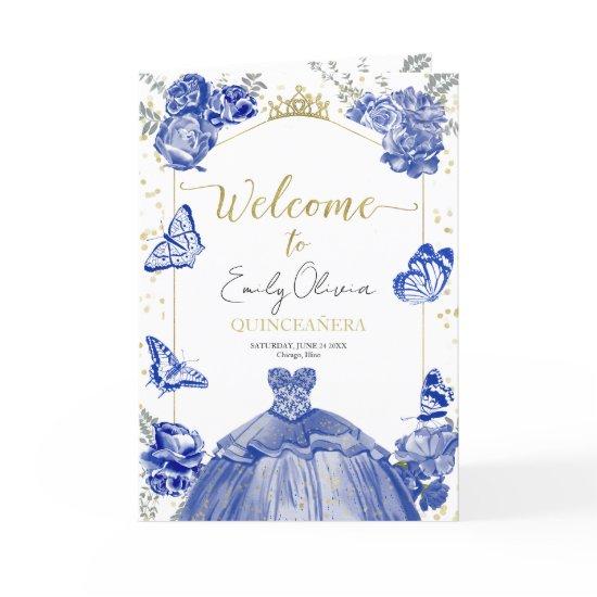 Quinceanera Programs Royal Blue Dress Floral Gold