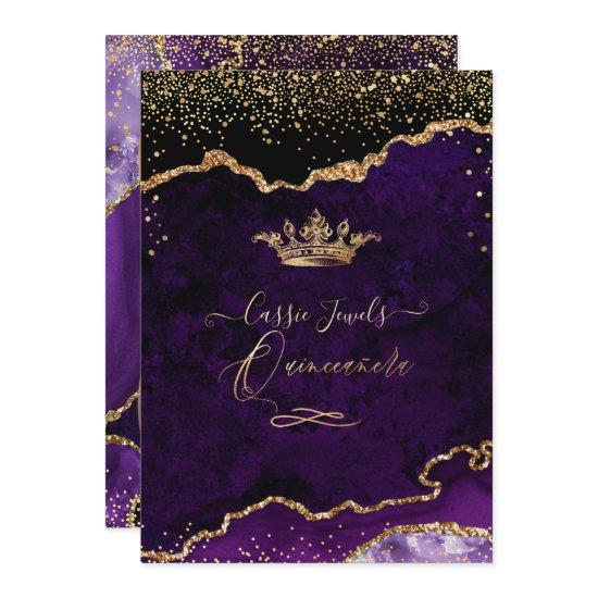 Quinceanera, Purple Agate Faux Gold Confetti Invit