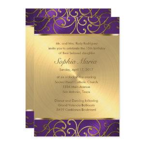 Quinceanera Purple and Gold Filigree Swirls