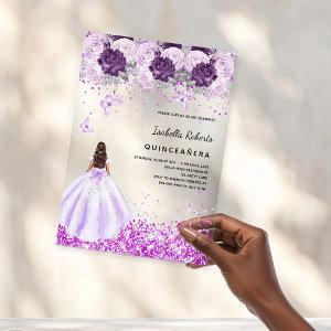 Quinceanera purple dress pink florals clear acrylic
