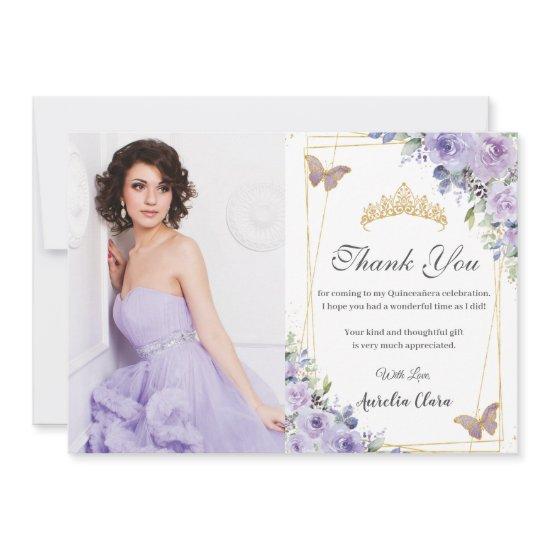 Quinceañera Purple Floral Butterflies 16 Birthday Thank You Card