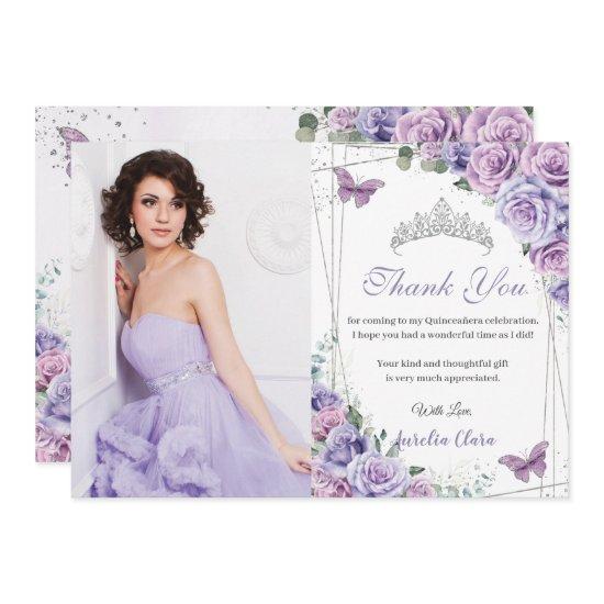 Quinceañera Purple Floral Butterflies 16 Birthday  Thank You Card