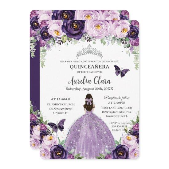 Quinceañera Purple Floral Butterflies Silver Tiara