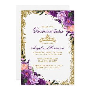 Quinceanera Purple Floral Crown Glitter Photo Back