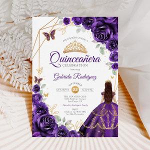 Quinceanera Purple Floral Dress Gold