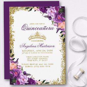 Quinceanera Purple Floral Gold Crown Glitter
