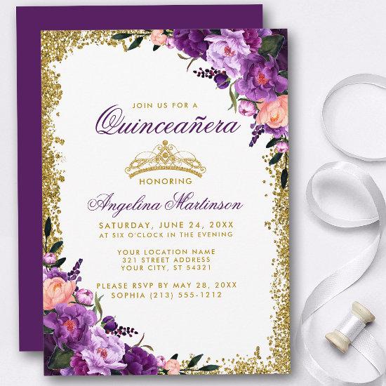 Quinceanera Purple Floral Gold Crown Glitter