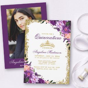 Quinceanera Purple Floral Gold Crown Glitter Photo
