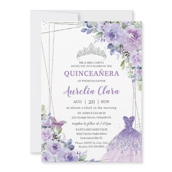 Quinceañera Purple Floral Gown Dress Silver Tiara