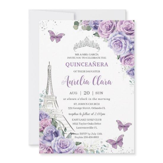 Quinceañera Purple Floral Paris Eiffel Butterflies