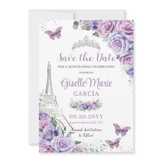 Quinceañera Purple Floral Paris Eiffel Butterflies Save The Date
