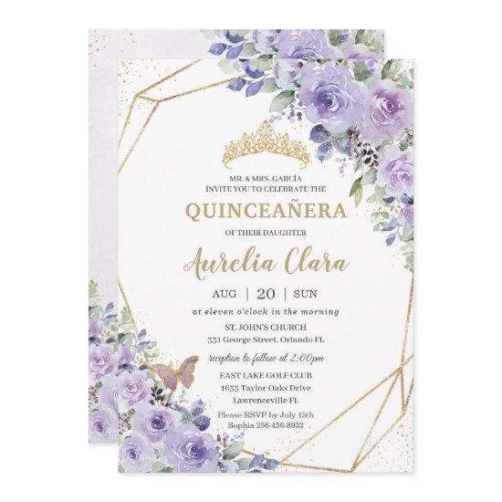 Quinceañera Purple Floral Princess Crown Butterfly