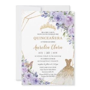 Quinceañera Purple Floral Princess Gold Gown Tiara