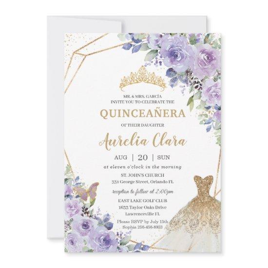 Quinceañera Purple Floral Princess Gold Gown Tiara