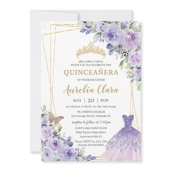 Quinceañera Purple Floral Princess Gown Tiara