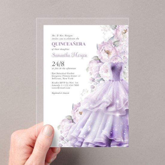 Quinceanera Purple Flowers Formal Ball Dress Acrylic