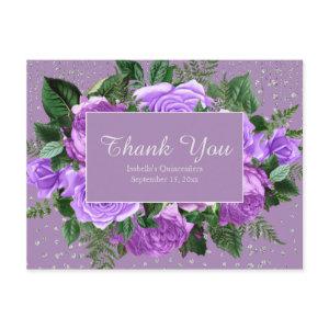 Quinceañera Purple FlowersThank You Silver Glitter Postcard