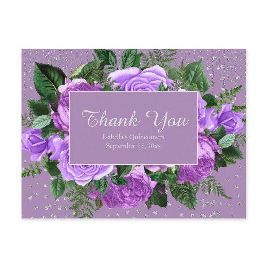 Quinceañera Purple FlowersThank You Silver Glitter Postcard