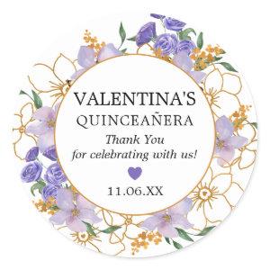 Quinceanera Purple Gold Floral Favor Thank You Classic Round Sticker