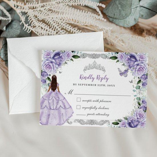 Quinceañera Purple Lavender Floral Princess Dress RSVP Card