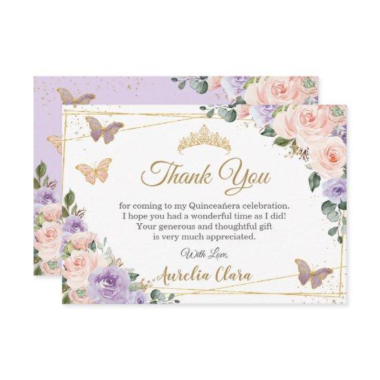 Quinceañera Purple Lilac Blush Floral Butterflies Thank You Card