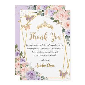 Quinceañera Purple Lilac Blush Floral Butterflies Thank You Card