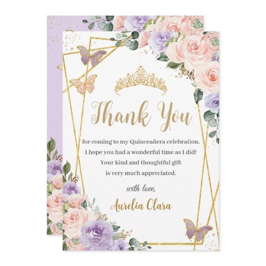 Quinceañera Purple Lilac Blush Floral Butterflies Thank You Card