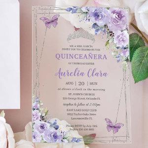 Quinceañera Purple Lilac Floral Butterflies Silver Acrylic