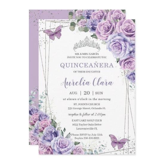 Quinceañera Purple Lilac Floral Butterflies Silver